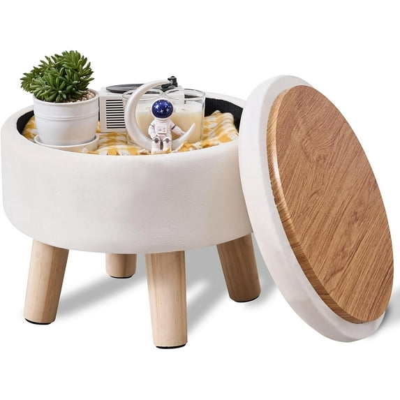 Storage footstool, modern round neck, soft padded seat, Teddy velvet footstool with wooden legs, accent small table or plant rack for hallways, living room (black)