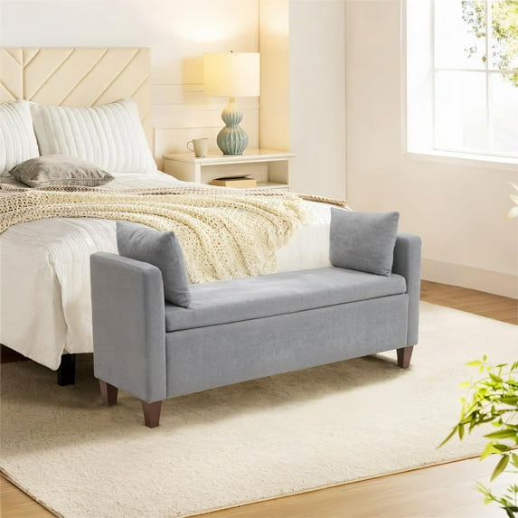 Storage  for Bedroom, 55" End of Bed  for King Size Bed, Modern Upholstered Long Ottoman  with Arms and 2 Pillows for Living Room/Entryway(Grey)