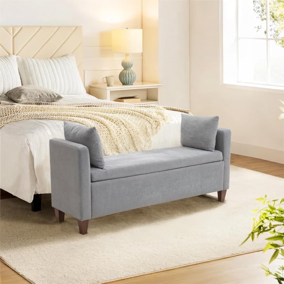 Storage  for Bedroom, 55" End of Bed  for King Size Bed, Modern Upholstered Long Ottoman  with Arms and 2 Pillows for Living Room/Entryway(Grey)