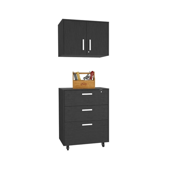 Borgata 2 Piece Garage Set, Storage Wall Cabinet + Storage Drawer Base Cabinet, Black