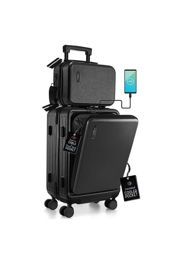 22" Hardside Carry On Luggage 22x14x9 Airline Approved and Expandable Luggage, Front Pocket Luggage Set Spinner Suitcase Set,  Black