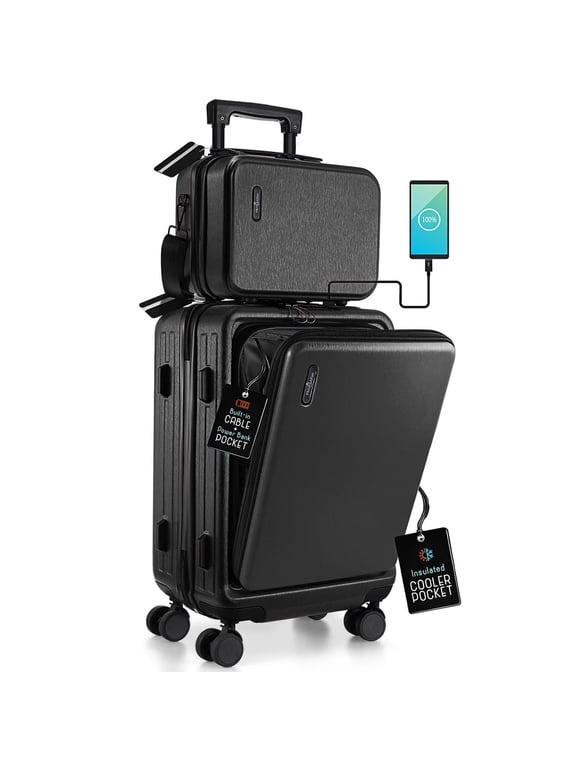 22" Hardside Carry On Luggage 22x14x9 Airline Approved and Expandable Luggage, Front Pocket Luggage Set Spinner Suitcase Set, Black