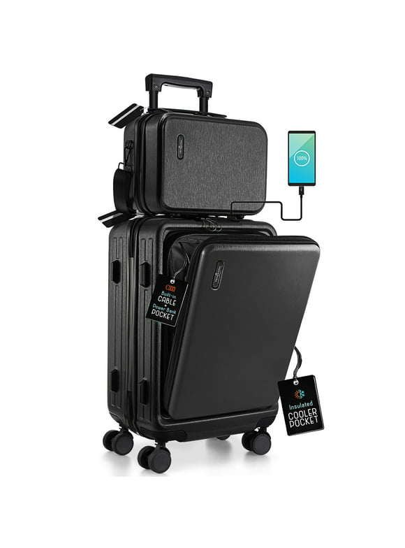 StorageBud 20 inch Hardside Carry-On Expandable Luggage, Front Pocket Luggage Set Spinner Suitcase Set, Black