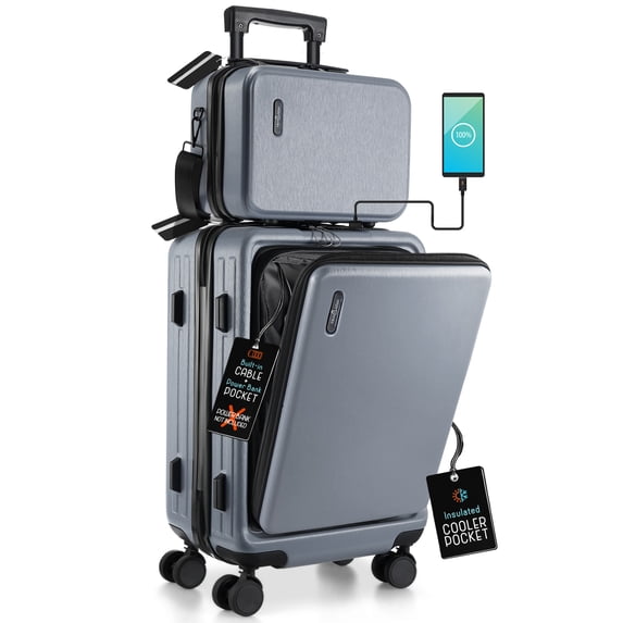 StorageBud 20 inch Hardside Carry-On Expandable Luggage, Front Pocket Luggage Set Spinner Suitcase Set, Grey