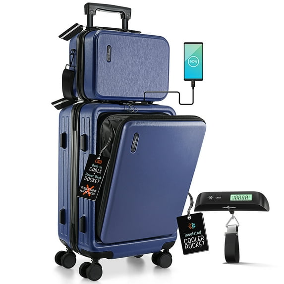 StorageBud 20 inch Hardside Carry-On Expandable Luggage wi th Digital Luggage Scale, Front Pocket Luggage Set Spinner Suitcase Set, Navy Blue