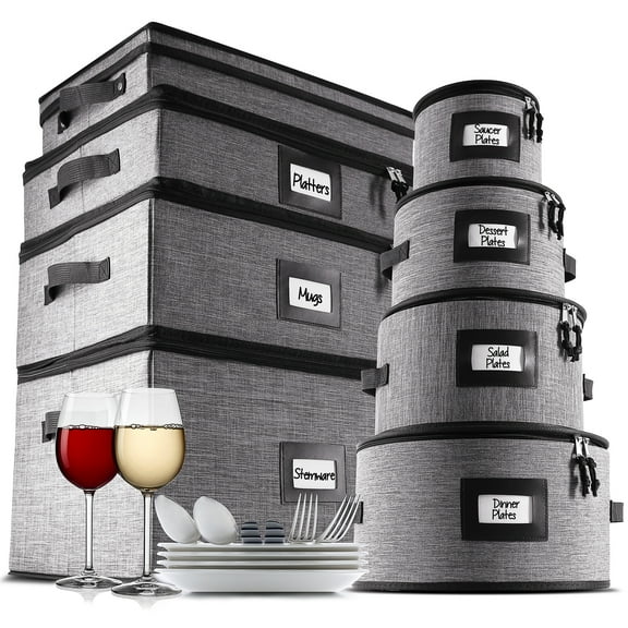 StorageBud Dinnerware Storage Container Set for Plate, Cup, Flatware, Stemware, & Platter Sets- Gray ( 8pc)