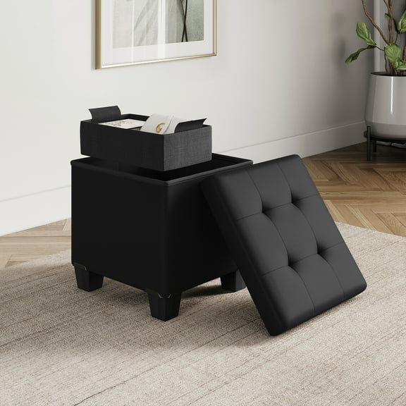 StorageBud Ottoman with Storage Bench, 15-inch Foot Stool Storage Ottoman, Leather, Black
