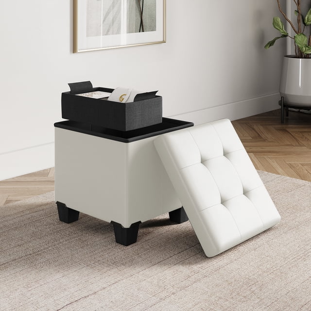 StorageBud Ottoman with Storage Bench, 15-inch Foot Stool Storage Ottoman, Leather, White