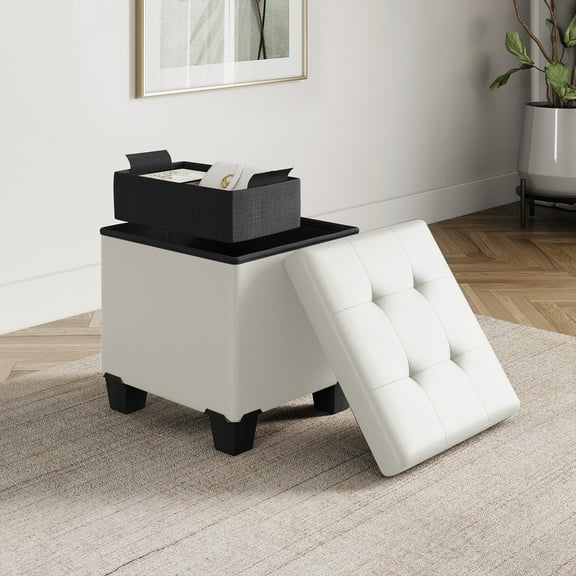 StorageBud Ottoman with Storage Bench, 15-inch Foot Stool Storage Ottoman, Leather, White