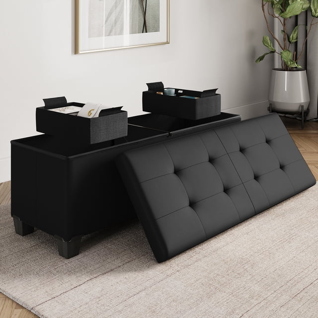 StorageBud Ottoman with Storage Bench, 43-inch Storage Ottoman, Leather, Black