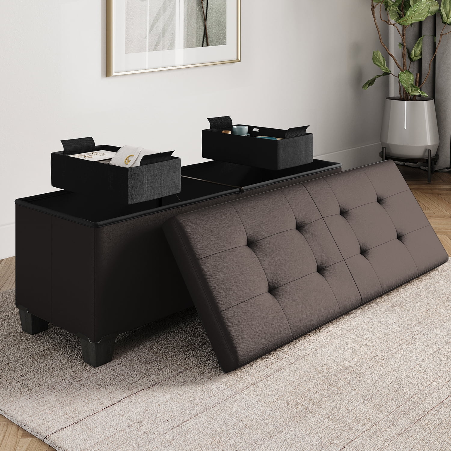 StorageBud Ottoman with Storage Bench, 43-inch Storage Ottoman, Leather, Brown