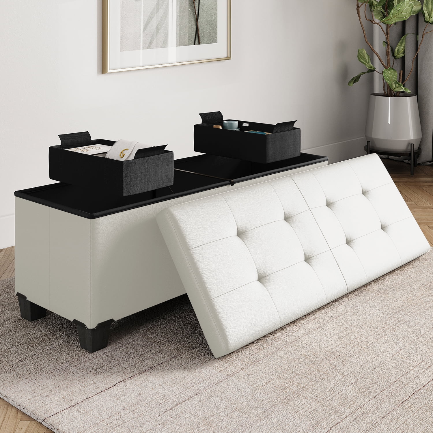 StorageBud Ottoman with Storage Bench, 43-inch Storage Ottoman, Leather, White