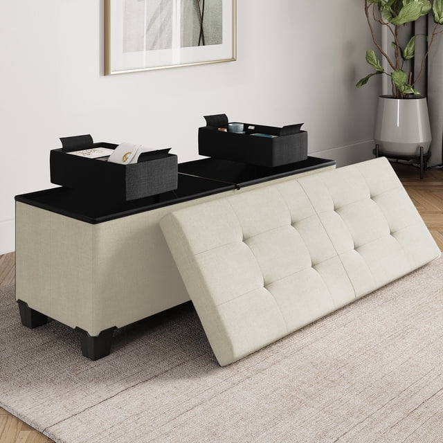 StorageBud Ottoman with Storage Bench, 43-inch Storage Ottoman, Linen, White