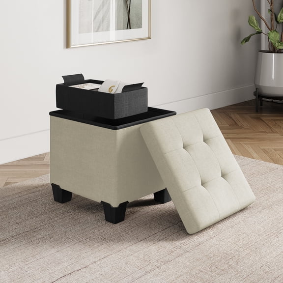 StorageBud Ottoman with storage bench, 15-inch Foot Stool Storage Ottoman, Linen, White