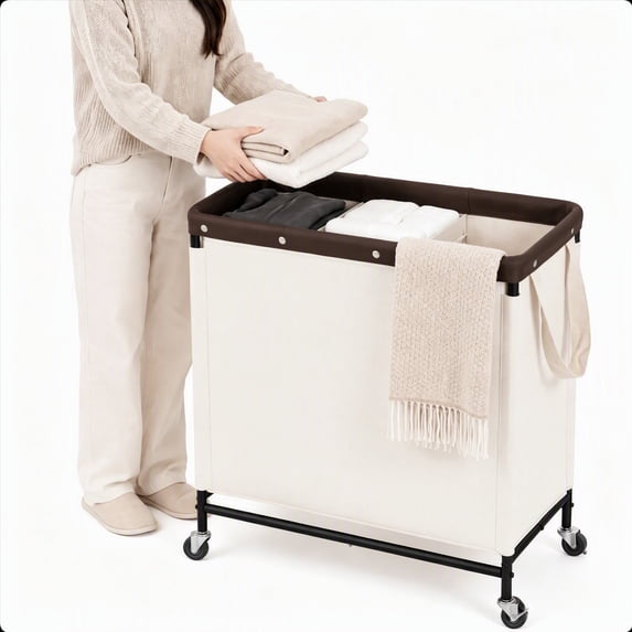 StorageWorks 3 Section Large Laundry Hamper, 120L Rolling Laundry Sorter Cart with Wheels, Beige