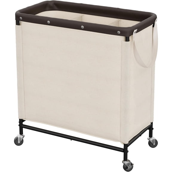 StorageWorks 3 Section Large Laundry Hamper, 120L Rolling Laundry Sorter Cart with Wheels, Beige