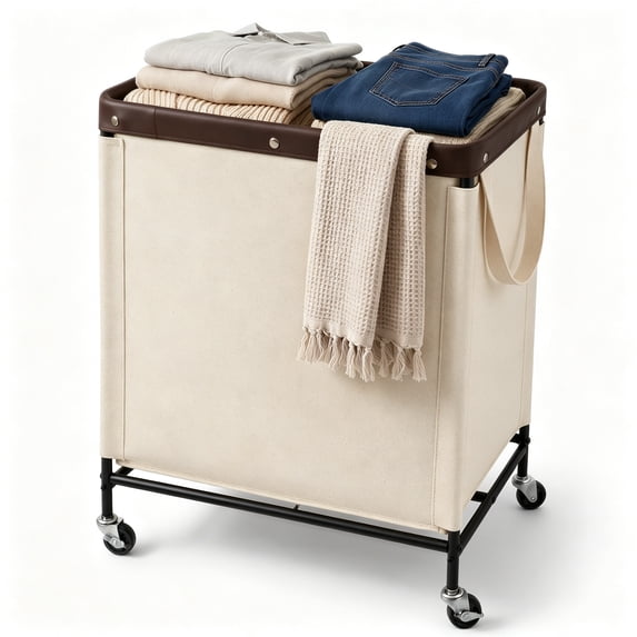 StorageWorks 2 Section Laundry Hamper, 100L Laundry Sorter Cart with Wheels and Handle, Beige