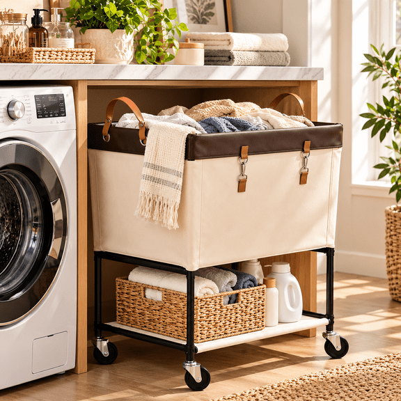 StorageWorks 2 Tier Rolling Laundry Hamper with Lockable Wheels, 110L Laundry Basket with Removable Canvas Bag, Beige
