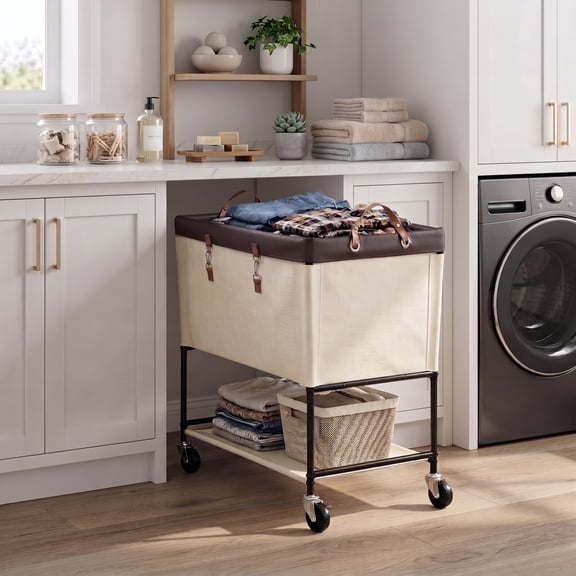 StorageWorks 2 Tier Rolling Laundry Hamper with Lockable Wheels, 175L Laundry Basket for Bedroom, Dorm, Home, Beige.