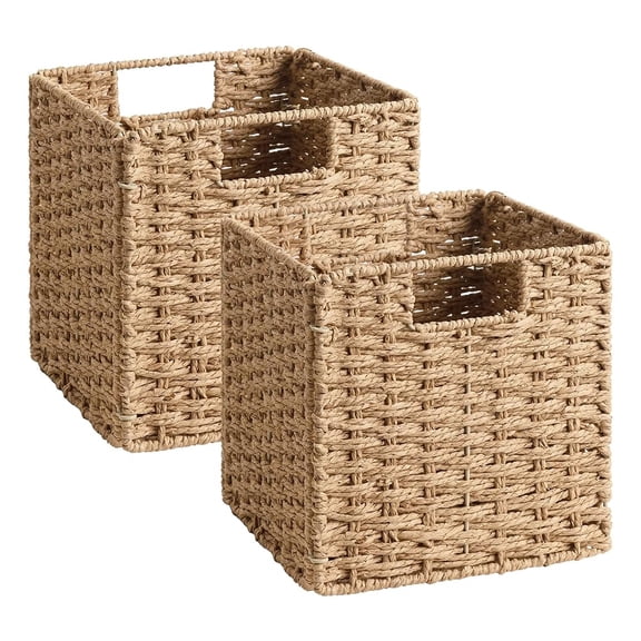 StorageWorks Cube Storage Bins, Handwoven Paper Rope Storage Baskets for Closet Shelf Organization, Foldable Square Cube Organizer with Handles, 2 Pack, 9 Inch Natural