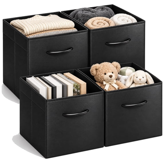 StorageWorks Black PU Leather Storage Cubes with Reinforced Panel, Collapsible Organizer Bins for Office Closet and Living Room, 4 Pack, 13 Inch