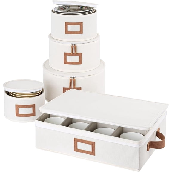 StorageWorks China Storage Containers, Hard Shell Boxes for Dishes, Plates and Mugs, Stemware Cases, Holds up to 12 Place Setting, Foldable Stackable Organizer, 5 Pack, Beige