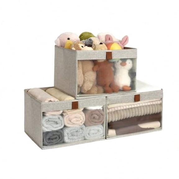 StorageWorks Closet Storage Bins Extra Large Storage Baskets with Clear Window and Handles Foldable Fabric Organizer for Clothes Shees Brown and Beige 3 Pack