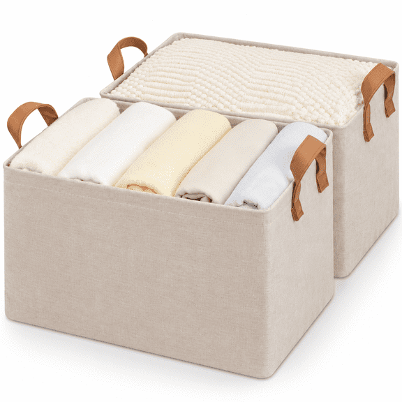 StorageWorks Large Fabric Storage Bins with Metal Frame, Collapsible Storage Baskets for Shelves, 2-Pack, Brown and Beige
