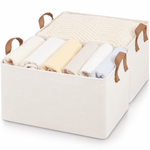 StorageWorks Fabric Storage Bins, Large Storage Baskets for Shelves,Closet Organizers with Handles, 2-Pack, Natural