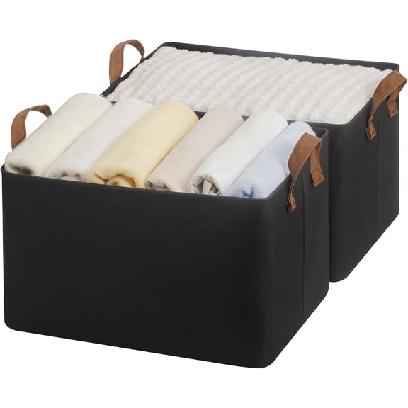 StorageWorks Fabric Storage Bins, Large Storage Baskets with Metal Frame, Closet Organizers with Handles, 2-Pack, Black
