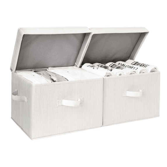 StorageWorks Fabric Storage Bins with Lids & Handles, Decorative Storage Boxes for Closet & Shelf, Large Storage Bins, 2-Pack, White, 15.75" x 9.75" x 10.25"