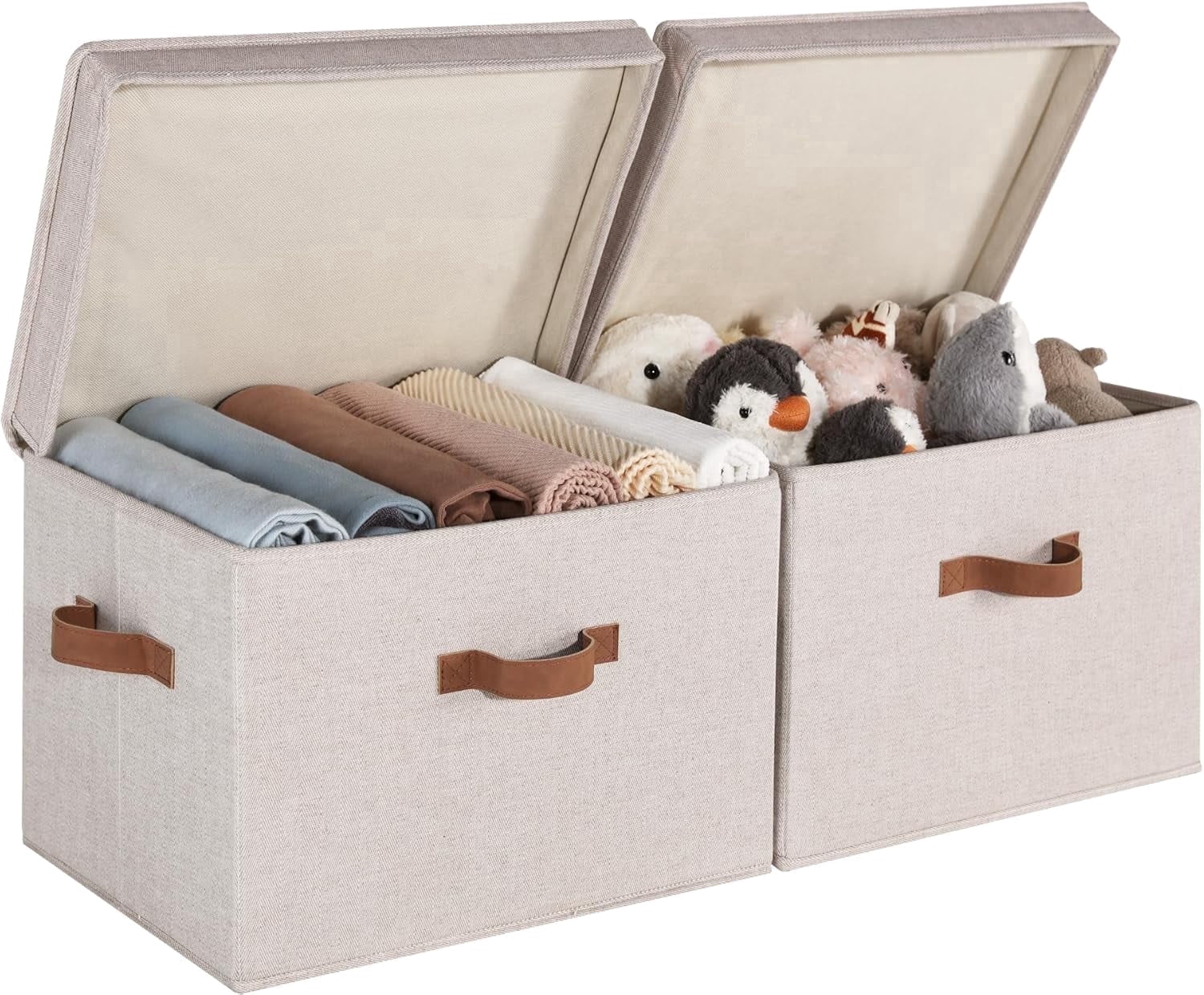 StorageWorks Fabric Storage Bins with Lid, Decorative Storage Boxes for Shelves with Handles, Jumbo, 2-Pack, Brown and Beige