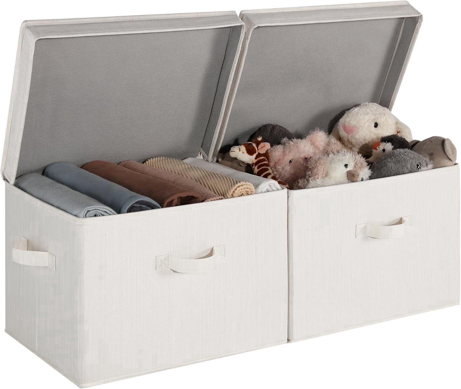 StorageWorks Fabric Storage Bins with Lid, Stackable Closet Organizer Basket with Handles, Jumbo, 2-Pack, Beige, White & Ivory