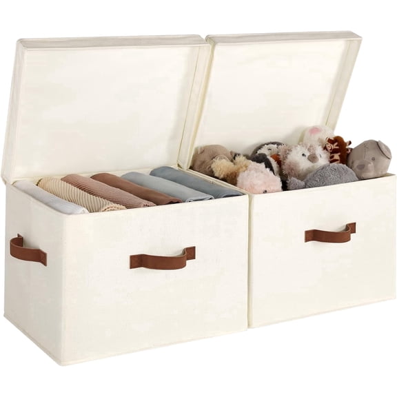 StorageWorks Fabric Storage Bins with Lid, Stackable Closet Organizer Basket with Handles, Jumbo, 2-Pack, Ivory White