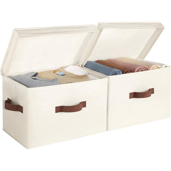 StorageWorks Fabric Storage Bins with Lid, Stackable Closet Organizer Basket with Handles, Large, 2-Pack, Ivory White