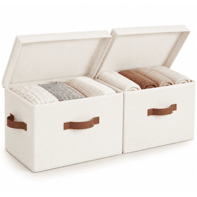 StorageWorks Fabric Storage Bins with Lid, Stackable Closet Organizer Basket with Handles, Large, 2-Pack, Ivory White