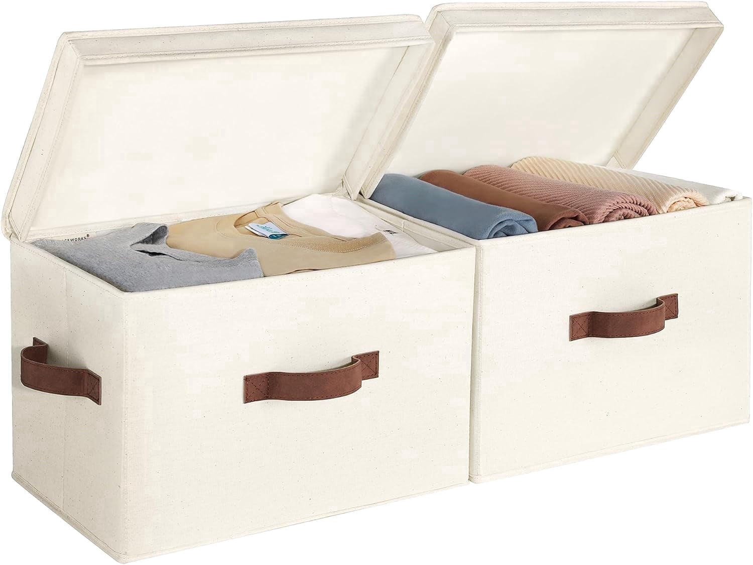 StorageWorks Fabric Storage Bins with Lid, Stackable Closet Organizer Basket with Handles, Large, 2-Pack, Ivory White