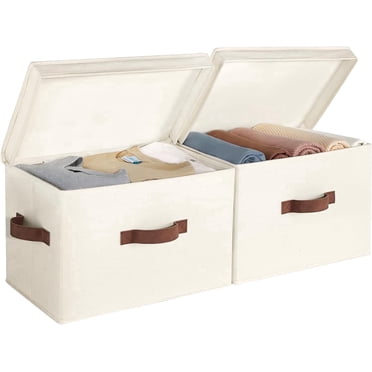 StorageWorks Fabric Storage Bins with Lid, Stackable Closet Organizer Basket with Handles, Large, 2-Pack, Ivory White