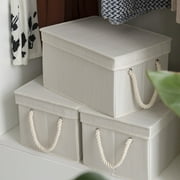 StorageWorks Fabric Storage Bins with Lids and Rope Handles Storage Fabric Bedroom, Off-White, 3PC