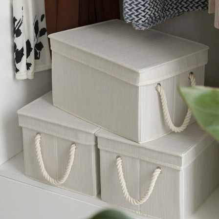 StorageWorks Fabric Storage Bins with Lids and Rope Handles Storage Fabric Bedroom, Off-White, 3PC