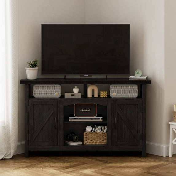 StorageWorks Farmhouse Corner TV Stand for TVs up to 60", Entertainment Center with Sliding Barn Doors and Storage Cabinets, Antique Black