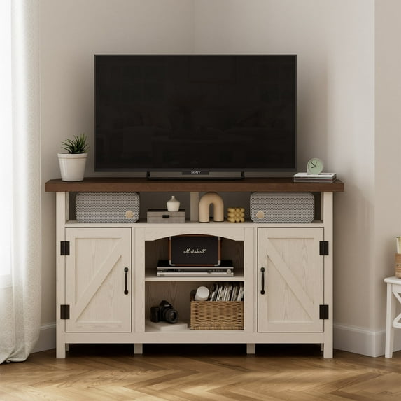 StorageWorks Farmhouse Corner TV Stand for TVs up to 60", Entertainment Center with Sliding Barn Doors and Storage Cabinets, Oak White