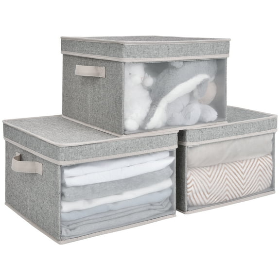 StorageWorks Foldable Fabric Storage Bins with Lids and Handles, Grey Storage Organizers, Collapsible Storage Box with Window, 3-Pack, 13"x 12.2"x 8.4"