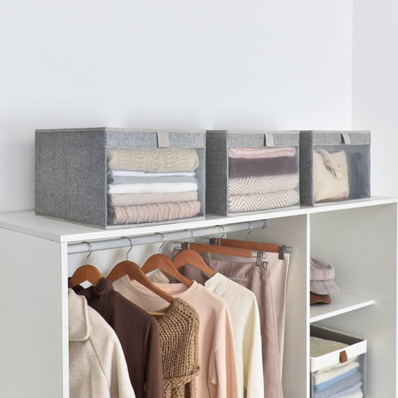 StorageWorks Foldable Storage Bins, Fabric Collapsible Storage Box for Closet Organization, Large Stackable Container, Gray, 3 Pack, 15.2"x 12.6"x 10"