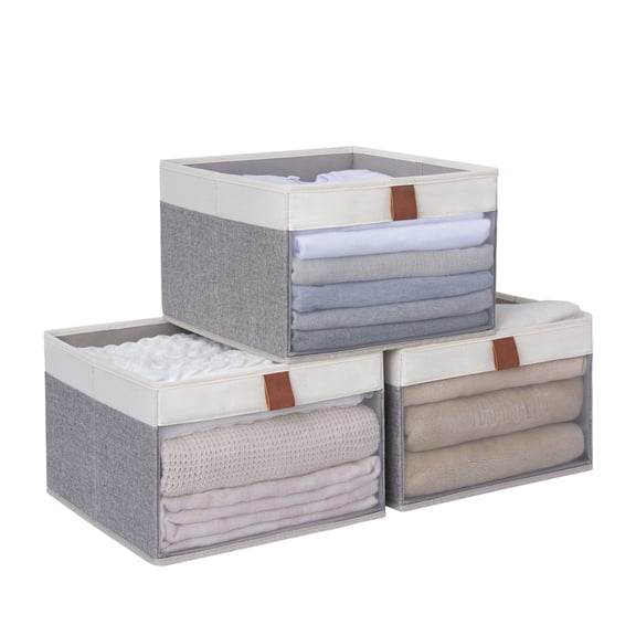 StorageWorks Foldable Storage Bins For Closet Organization, Fabric Collapsible Storage Box, Gray&White, Medium, 12.4"x11.6"x8.1"