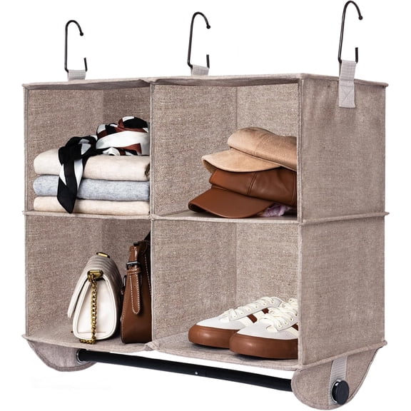 StorageWorks Hanging Closet Organizer with Metal Rod, 4-Section Collapsible Hanging Shelves, Brown and Beige