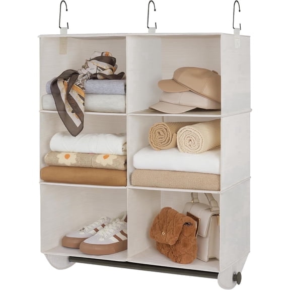 StorageWorks Hanging Closet Organizer with Metal Rod, 6-Section Collapsible Hanging Shelves, Ivory and White