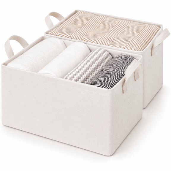 StorageWorks Large Fabric Storage Bins with Metal Frame, Collapsible Storage Baskets for Shelves, 2-Pack, Beige-Cotton-linen