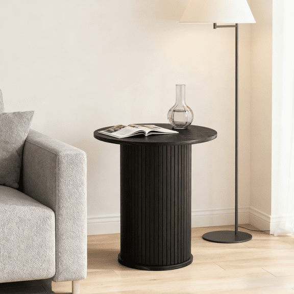 StorageWorks Modern Round Tambour End Table, Mid-Century Small Side Table for Living Room, Bedroom, Black