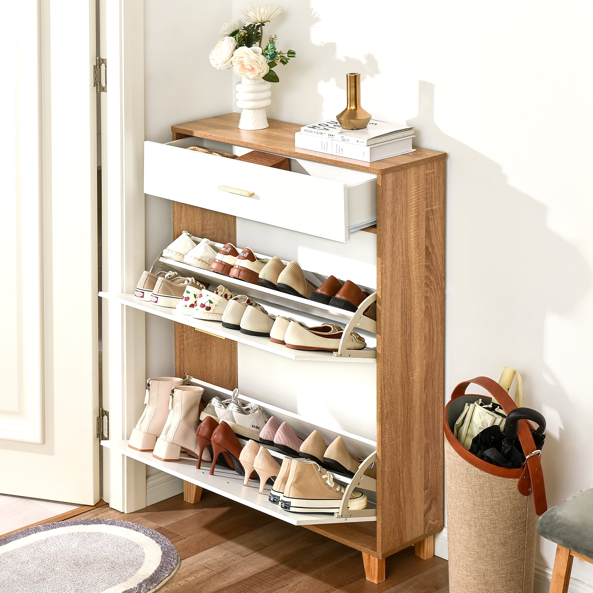 StorageWorks Shoe Cabinet with 2 Flip Drawers Narrow Shoe Storage Closet for Entryway Medium 31.9 x 9.8 x 45.6